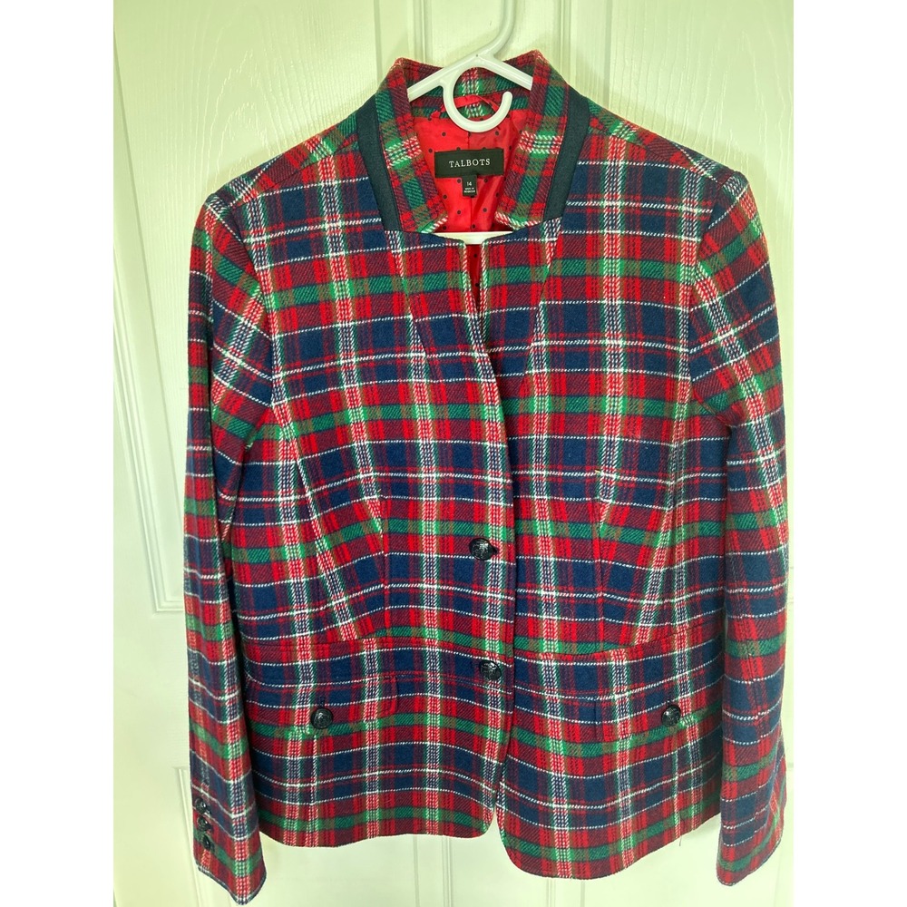 Talbots Womens Red Green Plaid Wool Blend Blazer Jacket Size 14 Holiday Tartan